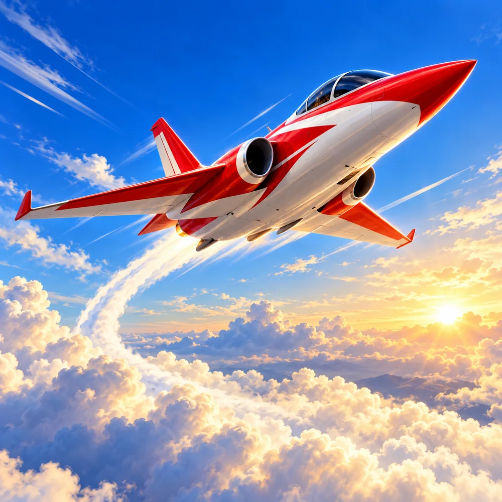 Avion rouge en montée au-dessus des nuages, illustration du thème aérien de JetX
