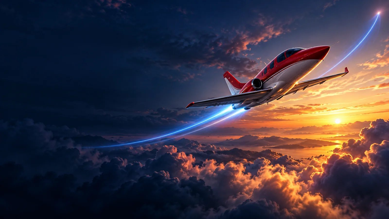 Illustration éditoriale d’un avion rouge qui traverse les nuages au-dessus d’un horizon lumineux